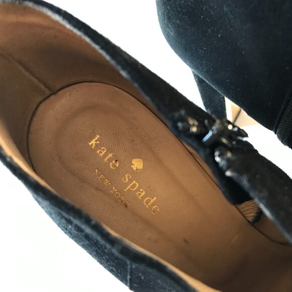 Kate Spade NY Suede Boots Booties Heels Womens 10 Black Side Zip Rear Gold Bow - Picture 4 of 10